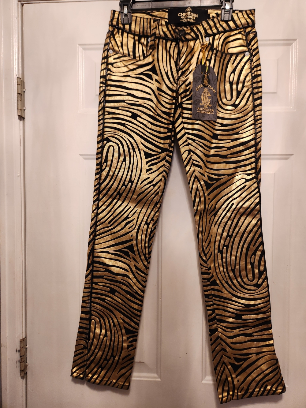 Christian Audigier Gold & Black Zebra Foil Pants